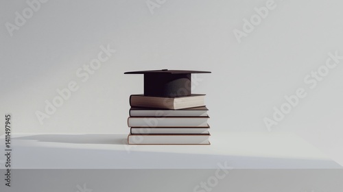 Graduation cap on small stack of books on white surface
