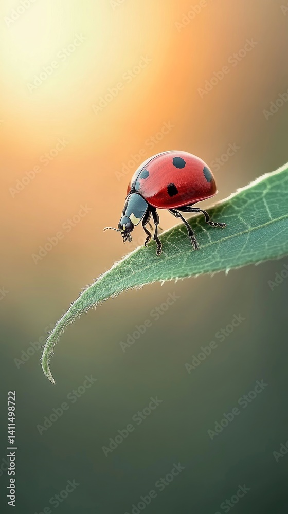 Fototapeta premium A ladybug rests on the edge of a green leaf, basking in the warm glow of a sunset amidst a tranquil garden landscape, showcasing nature's beauty