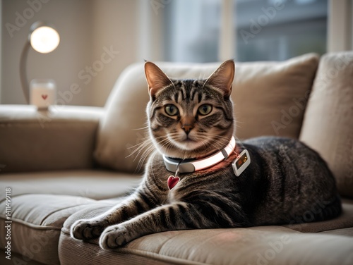 Smart Collar Tabby Cat Relaxing on Sofa in Modern Home, Pet Technology Concept