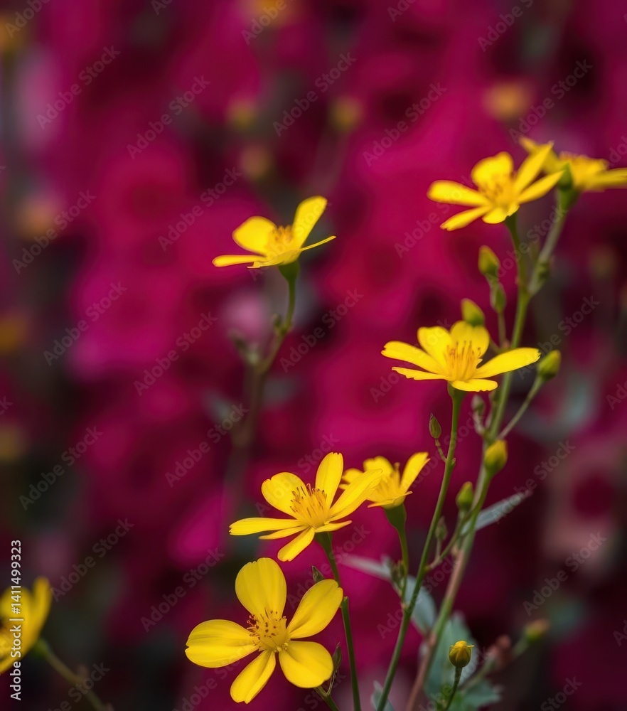 Obraz premium Vibrant yellow flower blossoms starkly contrast against a rich crimson backdrop, macro, floral, stunning
