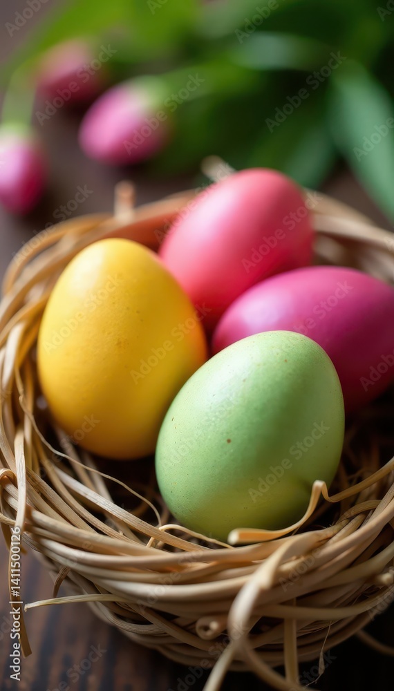 Vibrant dyed eggs nestled in straw, spring colors, rabbit, nature Vibrant dyed eggs nestled in straw, spring colors, rabbit, nature