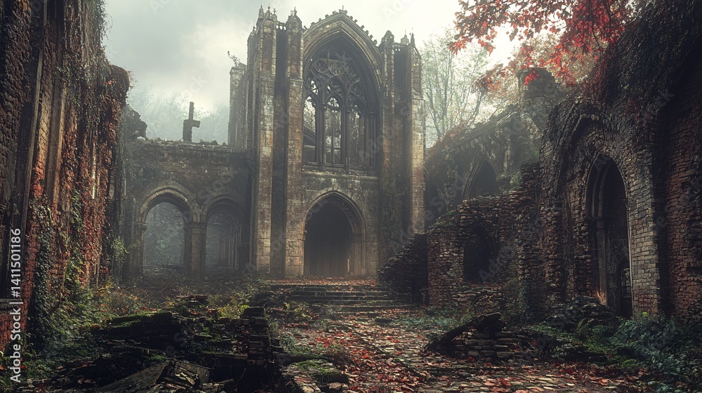 Fototapeta premium Wind blowing through a silent, ruined cathedral post-war