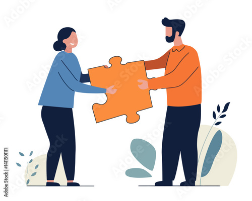 Business Recruitment and Teamwork Concept with HR Fitting New Joiner into Team Puzzle Piece - Minimalist Flat SVG Vector Illustration
