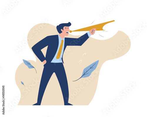 Business Whistleblower Alert Concept Vector: Flat Minimalist Illustration of Businessman Blowing Whistle Pointing Out Corporate Misconduct for Ethical Awareness and Information Disclosure