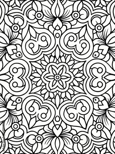 A detailed, symmetrical mandala design featuring complex patterns of flowers, leaves, and swirls.