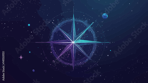 Cosmic Compass Rose in Starry Sky Vector, Abstract Navigation in Space, Business Direction Concept, Minimalist Universe Design, Planets and Stars Wireframe