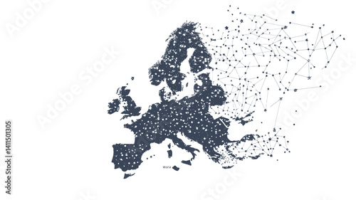 Abstract Mash Line and Point Europe Map with Starry Sky and Space Elements Representing Constellations and Universe, Vector Illustration in Minimalist SVG Style