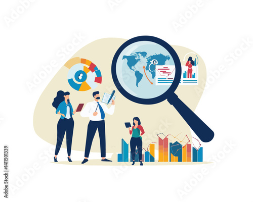 Marketing Analytics Customer Research Concept, Businessman Analyzing Target Group Data, User Behavior Study, Flat Minimalist SVG Vector Illustration for Advertising