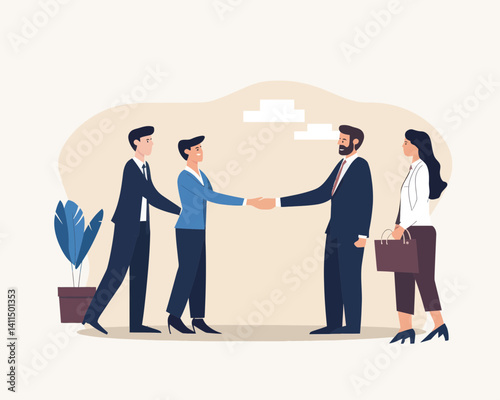 New Employee Onboarding and Orientation Training, Business Manager Handshake with New Hire, Team Introduction in Office Setting, Flat Minimalist Vector Illustration