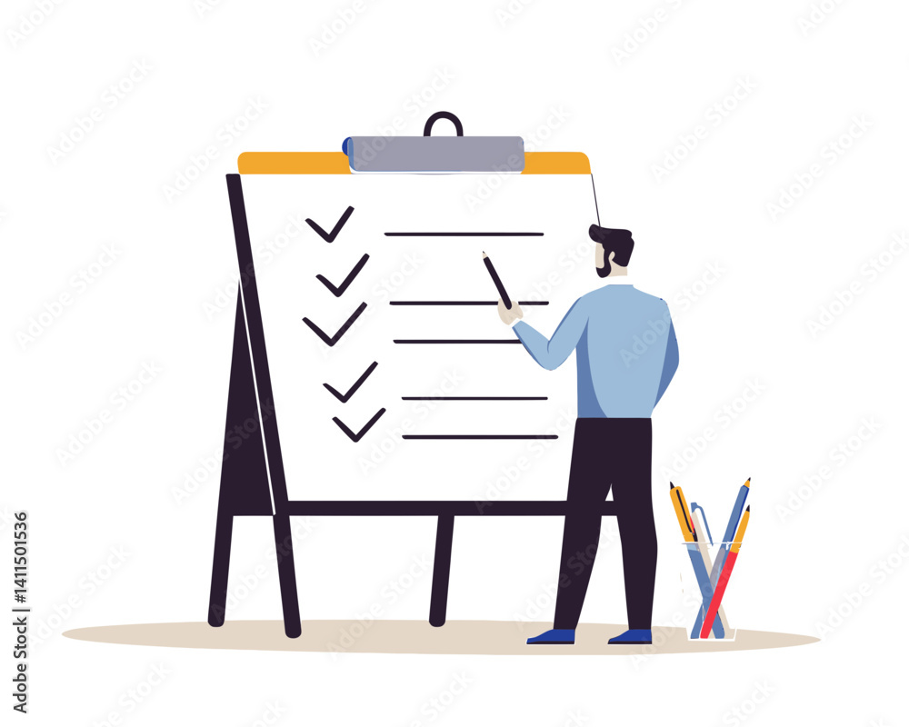 Businessman Presenting Action Plan Checklist on Whiteboard for Project Management in Flat Minimalist Style SVG Vector Businessman Presenting Action Plan Checklist on Whiteboard for Project Management in Flat Minimalist Style SVG Vector