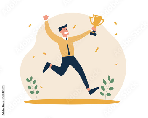 Happy Businessman Celebrating Success Holding Trophy and Jumping for Joy - Victory and Achievement in Business Competition - Flat Minimalist SVG Vector Illustration