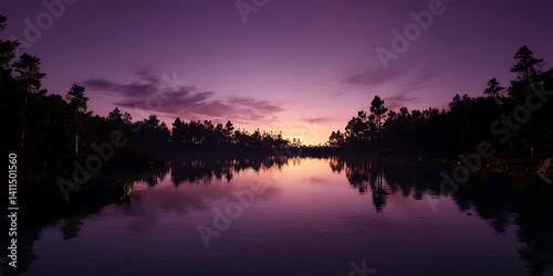 A Tranquil Lake with a Purple Sunset Reflection for Serene, Dreamy, and Scenic Projects photo