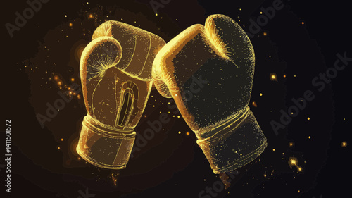 Low Poly Boxing Gloves with Golden Dust Sparkle Effect - Glittering Vector of Polygonal Wireframe with Gold Particles on Dark Background - Minimalist Flat SVG Illustration