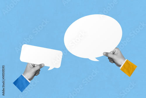 Communication, connection, social network, chat. Creative art collage of human hands holding empty speech bubble and cloud bubble on blue background