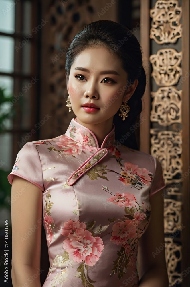 Elegant Woman in Floral Qipao Dress Stunning Portrait Photography Elegant Woman in Floral Qipao Dress Stunning Portrait Photography