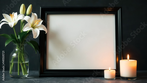 Black empty photo frame with white lilies and burning candles on a table on dark home background. Mockup of funeral service. Memorial day. Mourning death. Remembrance day. Memory of dead, deceased.