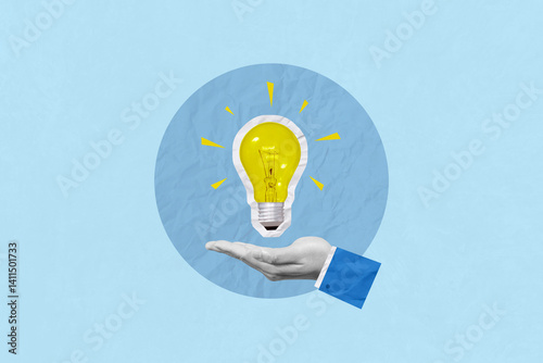 Creativity, brainstorm, ideas, inspiration, innovation and  success concept. Creative art collage of human hand holding glowing light bulb indicates like a brilliant idea