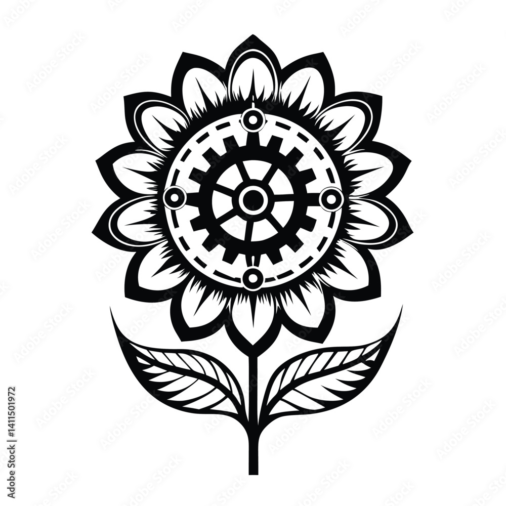 Mechanical Flower Black Silhouette Intricate Gear Center, Petal Design, Floral Motif Mechanical Flower Black Silhouette Intricate Gear Center, Petal Design, Floral Motif