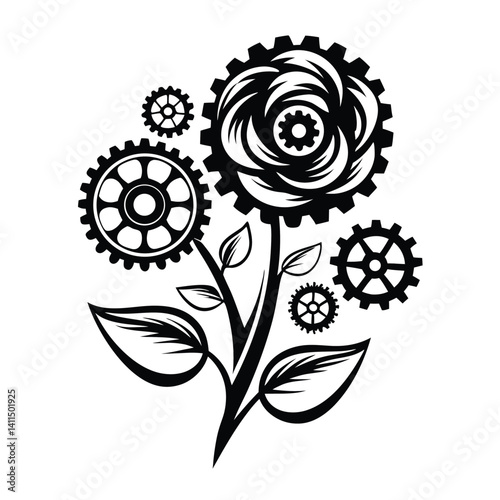 Mechanical Flower Silhouette Cogwheel Blossom with Leaves and Stem in Black and White