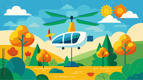 Against a backdrop of colorful foliage and chirping birds an air taxi harnessing the power of renewable energy hovers above a serene park demonstrating its commitment to. Vector illustration
