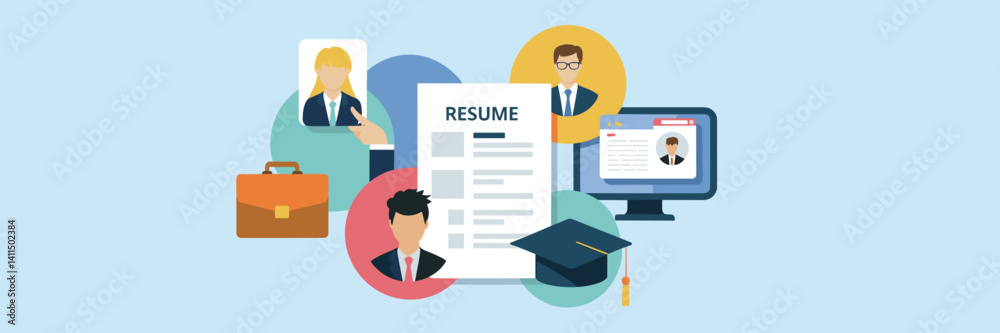 Flat style vector icons focused on career and job search, featuring a resume and professional tools. Flat style vector icons focused on career and job search, featuring a resume and professional tools.