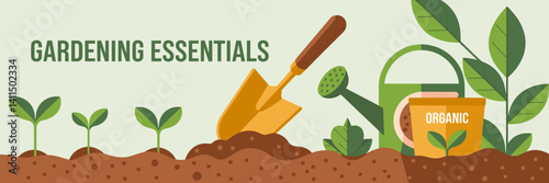 Gardening essentials icon pack with golden trowel and organic seed packet – Ideal for eco-conscious branding, gardening promotions, or sustainable agriculture content.