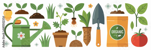 Gardening and farming tools icons with watering can, trowel, and seeds – Perfect for eco-friendly or sustainable gardening content.