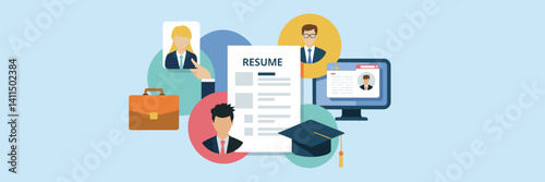 Flat style vector icons focused on career and job search, featuring a resume and professional tools.