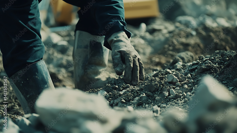Obraz premium Construction worker operating a bulldozer to level a site. Featuring earth-moving and site preparation