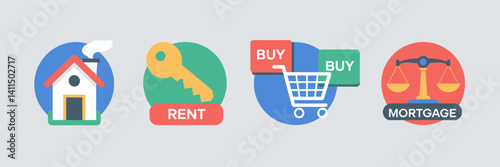 Vibrant real estate icons featuring house, rent, buy, and mortgage symbols – Great for real estate promotions, property marketing, or homeownership campaigns.