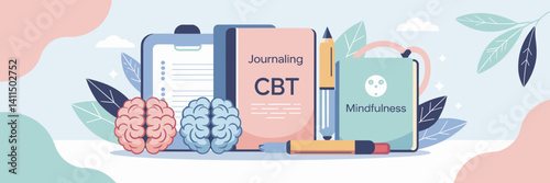 Vector illustration of mental health therapy tools with CBT, journaling, and mindfulness icons on a white background – Perfect for therapy apps, mindfulness promotions, or wellness content.
