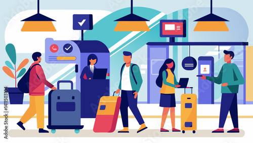 As passengers make their way through the station they are surrounded by stateoftheart technology from selfcheckin kiosks to highspeed luggage delivery systems.. Vector illustration