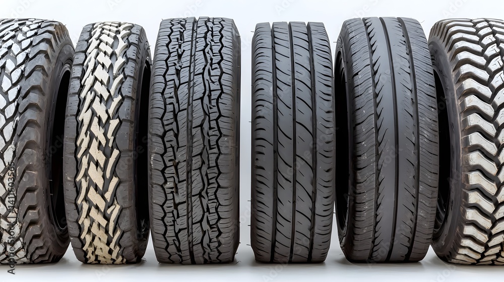 A diverse collection of deep rugged tire treads showcasing the durable design and traction capabilities of heavy duty truck tires A diverse collection of deep rugged tire treads showcasing the durable design and traction capabilities of heavy duty truck tires