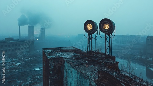 Air raid sirens frozen in time atop a burnt building