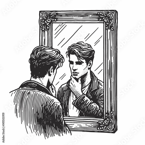 Young man contemplating his reflection in a vintage mirror  