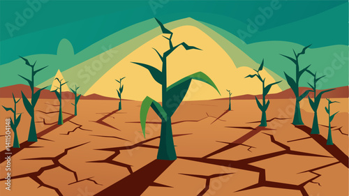 Sp cracked earth where once rows of corn stood tall now only broken remnants remain.. Vector illustration