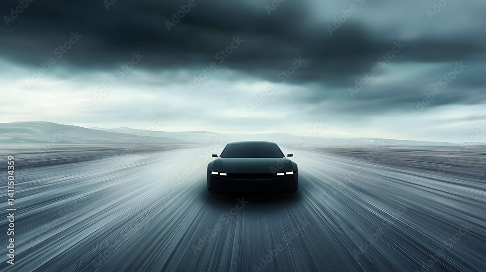 Fototapeta premium A single, futuristic vehicle speeding down a barren, empty road under a muted sky.