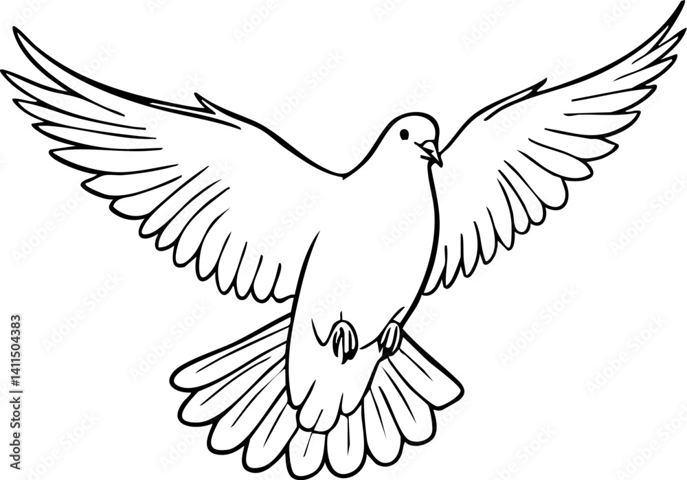 Fototapeta premium Elegant dove in flight with outstretched wings is depicted in a black and white line drawing great for design and artistic projects.