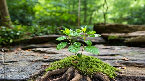 A small green plant with droplets on its leaves growing from moss-covered rocks in a lush forest