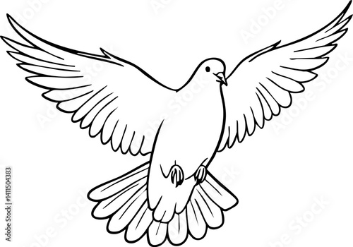 Elegant dove in flight with outstretched wings is depicted in a black and white line drawing great for design and artistic projects.