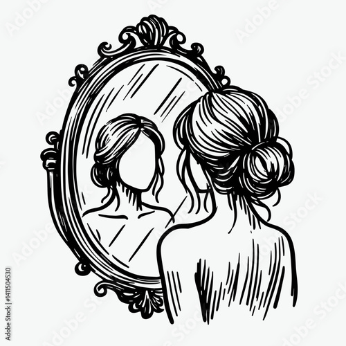 Woman admiring her reflection in a vintage mirror  