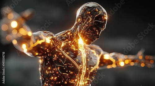 Futuristic glowing humanoid robot android figure with illuminated circuitry posing dramatically