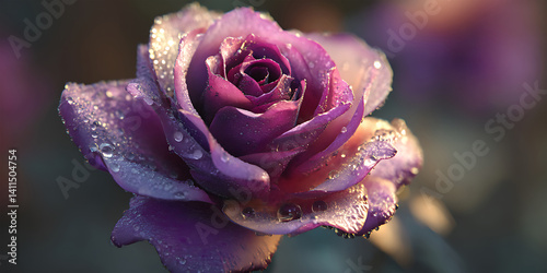 A Stunning Purple Rose in Full Bloom with Dewdrops for Floral, Elegant, and Nature Projects photo