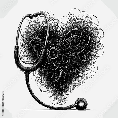Heart illustration with stethoscope in black and white style  