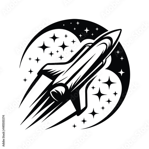 Sleek Spacecraft Launching in Black and White Outline with Starry Night Sky Pattern