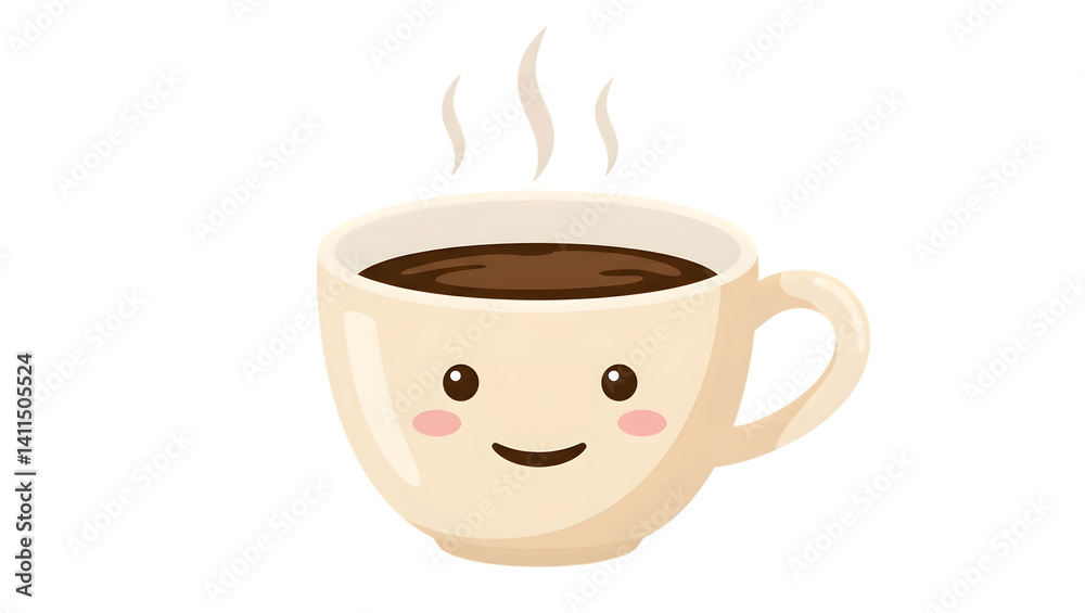 Fototapeta premium Smiling Coffee Cup: A cheerful cartoon illustration of a steaming cup of coffee, with a whimsical smile and a steaming cup of coffee, a perfect representation of morning energy and good vibes.