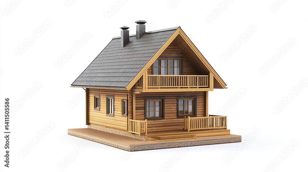 Wooden house model with pitched roof and balcony on white background