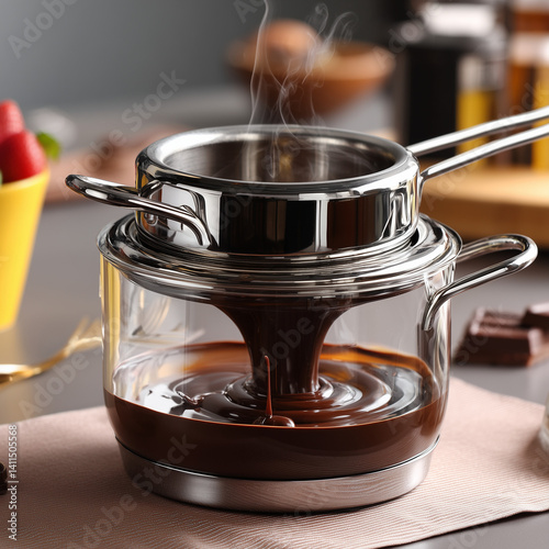 Elegant glass double boiler, sleek design, transparent glass showcasing steaming process