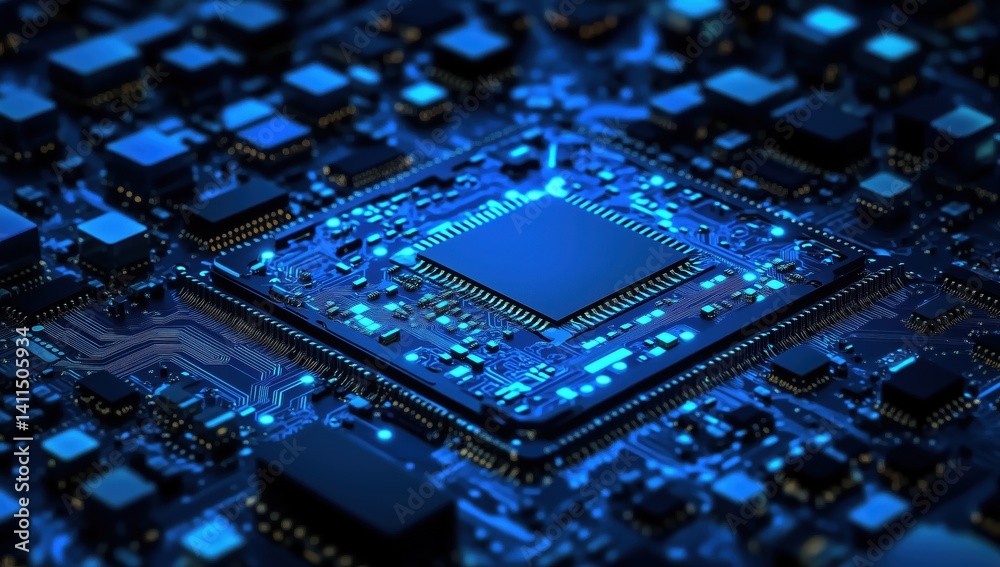 Illuminated Microchip Surrounded by Circuitry with a Deep Blue Glow Reflecting Innovation and Technology
