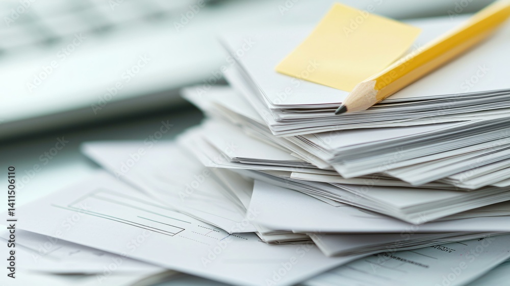 Accountant’s desktop showing detailed tax form checklist, pencil annotations, sticky notes, and bank statements, styled for SME or freelancer use